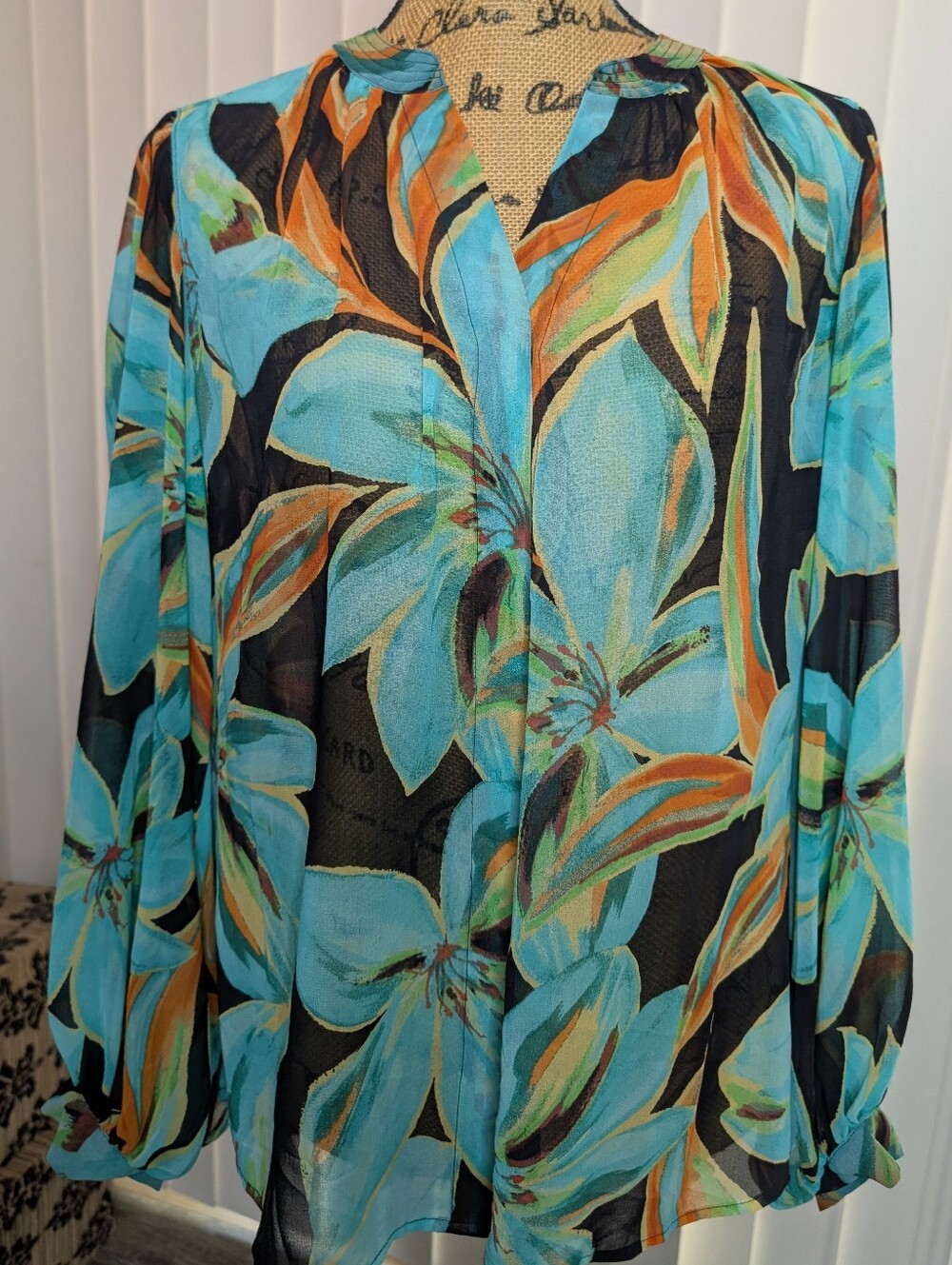 Chico's Black and Turquoise Floral Blouse